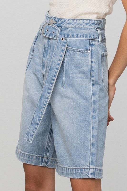 Self Belted Bermuda Denim Shorts - Always24