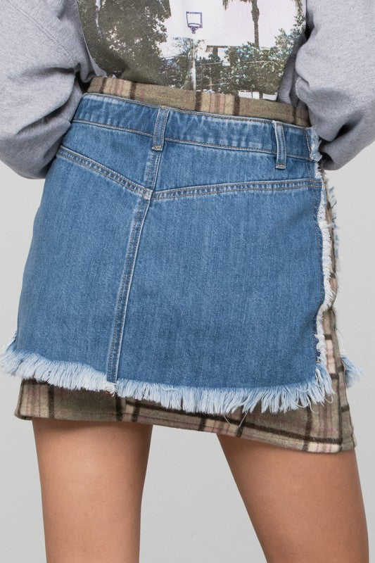 PLAID CHECKER DENIM MINI SKIRT - Always24