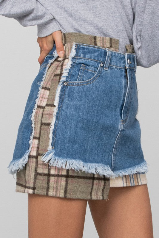 PLAID CHECKER DENIM MINI SKIRT - Always24