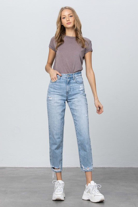 High Waist Ripped Hem Tapered Jeans - Always24