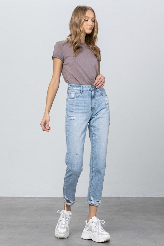High Waist Ripped Hem Tapered Jeans - Always24