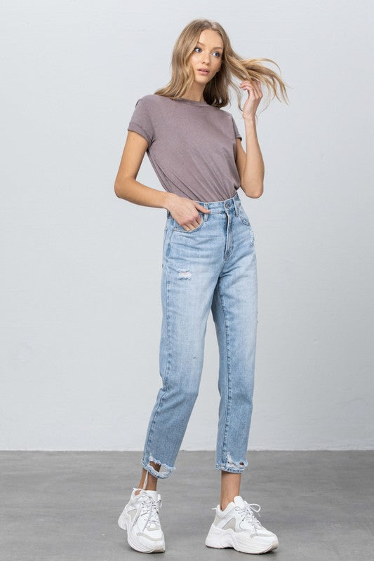 High Waist Ripped Hem Tapered Jeans - Always24