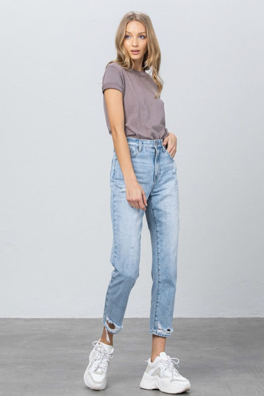 High Waist Ripped Hem Tapered Jeans - Always24