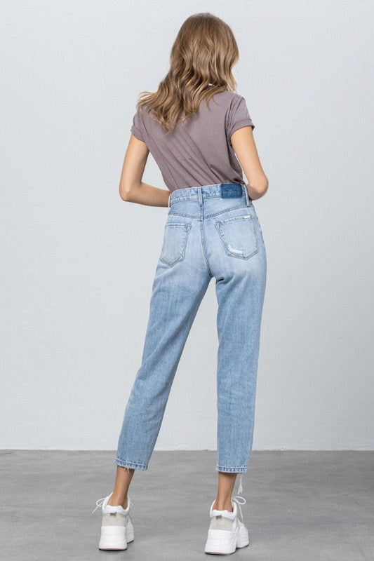 High Waist Ripped Hem Tapered Jeans - Always24