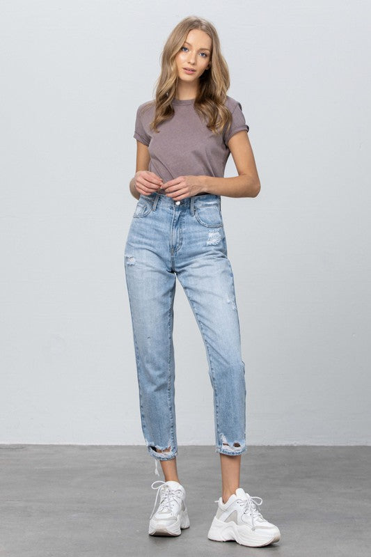High Waist Ripped Hem Tapered Jeans - Always24