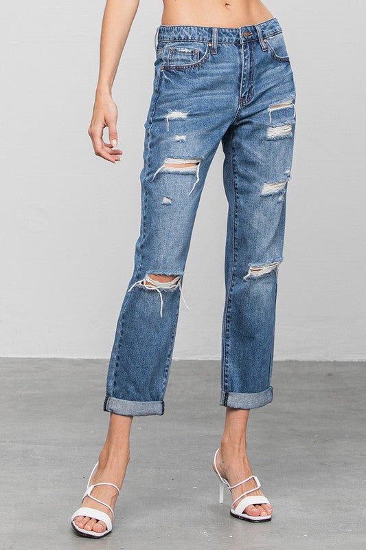 DISTRESSED PREMIUM BOYFRIEND JEANS - Always24