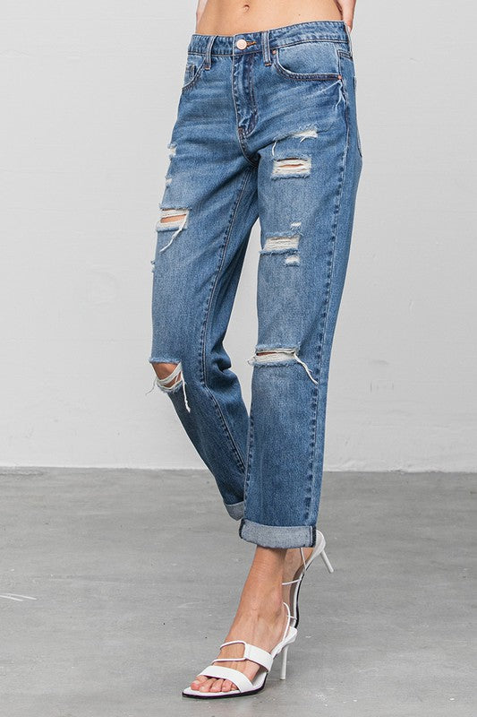 DISTRESSED PREMIUM BOYFRIEND JEANS - Always24