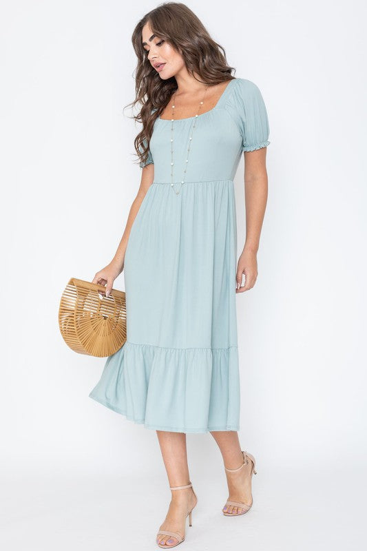 Square Neck Puff Sleeve Boho Dress - Always24