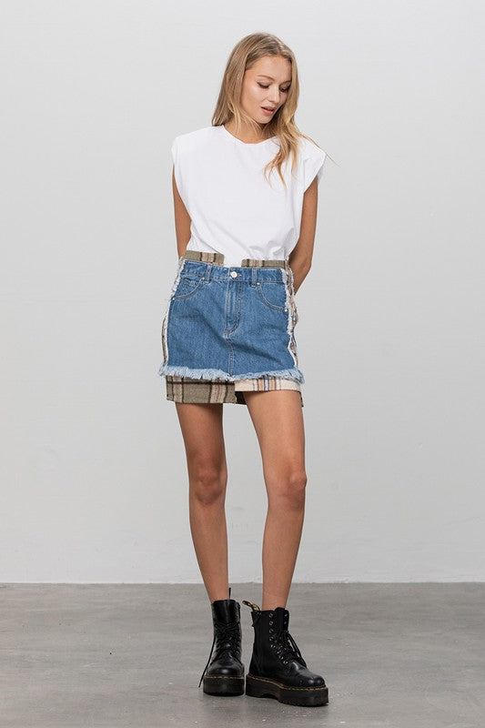 PLAID CHECKER DENIM MINI SKIRT - Always24