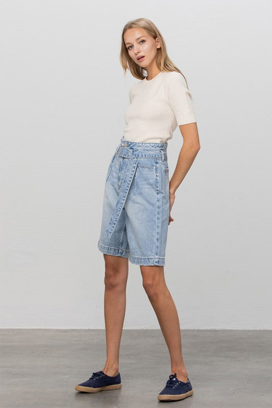 Self Belted Bermuda Denim Shorts - Always24