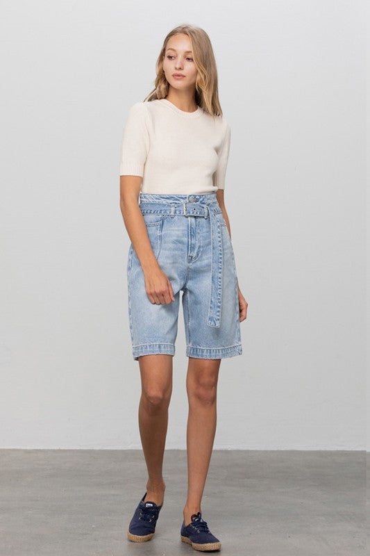 Self Belted Bermuda Denim Shorts - Always24