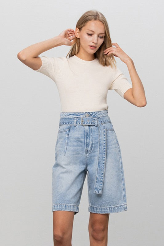 Self Belted Bermuda Denim Shorts - Always24