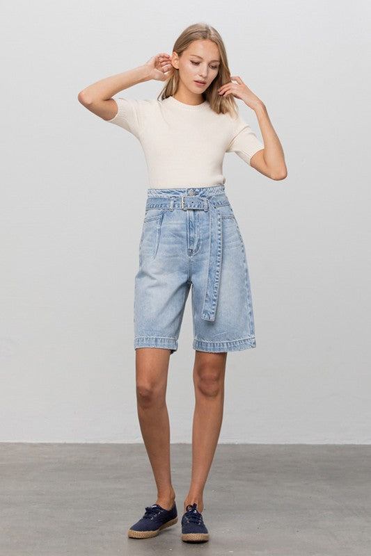 Self Belted Bermuda Denim Shorts - Always24
