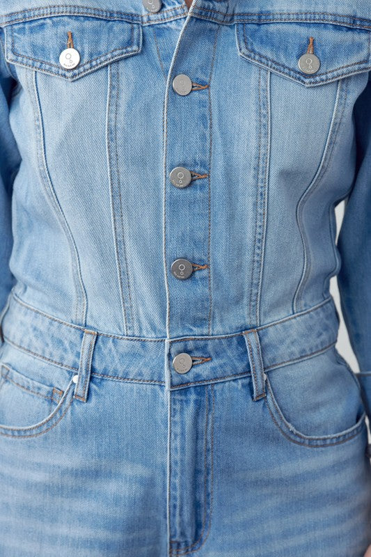 High Waist Flap Pocket Half Button Denim Jumpsuit - Always24