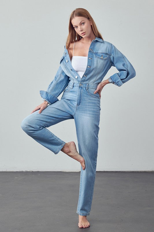 High Waist Flap Pocket Half Button Denim Jumpsuit - Always24