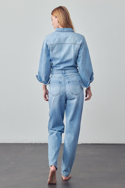 High Waist Flap Pocket Half Button Denim Jumpsuit - Always24