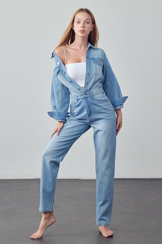High Waist Flap Pocket Half Button Denim Jumpsuit - Always24