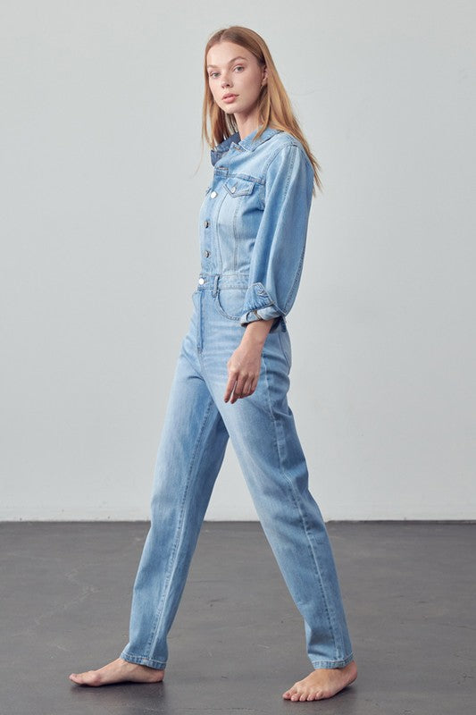 High Waist Flap Pocket Half Button Denim Jumpsuit - Always24