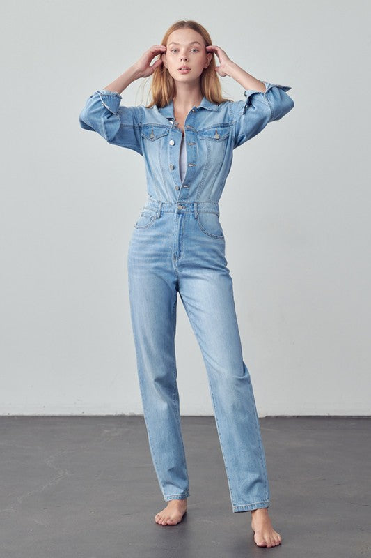 High Waist Flap Pocket Half Button Denim Jumpsuit - Always24