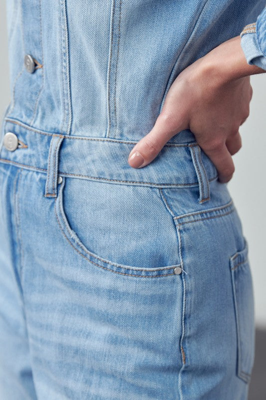 High Waist Flap Pocket Half Button Denim Jumpsuit - Always24