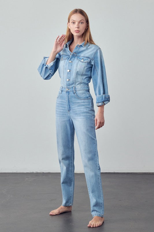 High Waist Flap Pocket Half Button Denim Jumpsuit - Always24