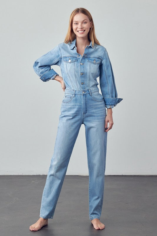 High Waist Flap Pocket Half Button Denim Jumpsuit - Always24