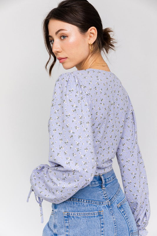 Always24 Puff Sleeve Lace-Up V-Neck Top - Always24