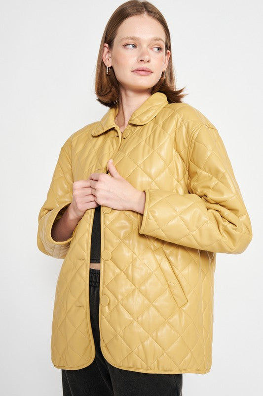 QUILTED PU BUTTON DOWN JACKET - Always24