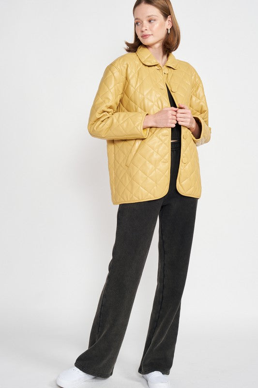 QUILTED PU BUTTON DOWN JACKET - Always24