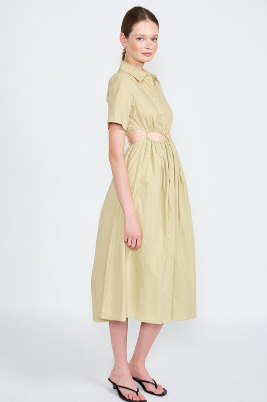 BUTTON UP COLLARED MIDI DRESS WITH CUT OUT - Always24