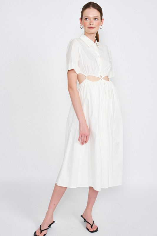 BUTTON UP COLLARED MIDI DRESS WITH CUT OUT - Always24