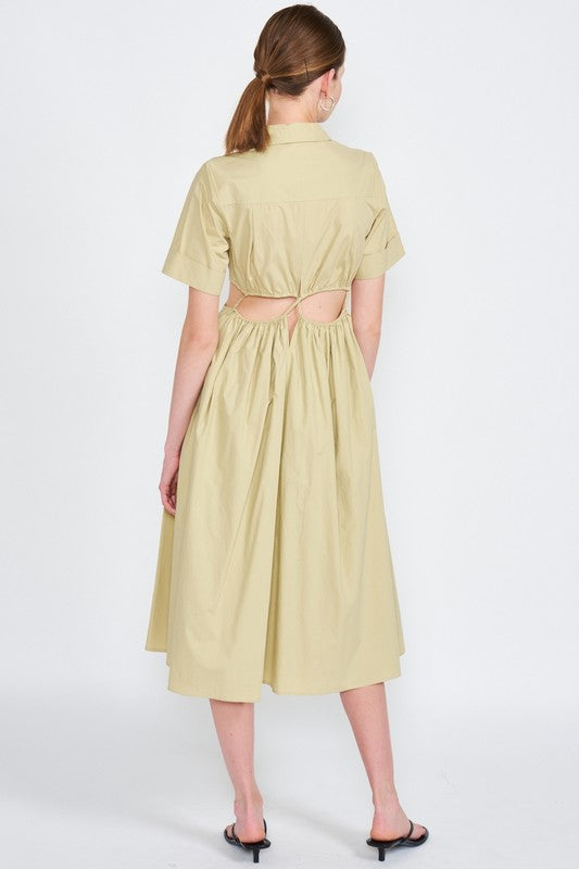 BUTTON UP COLLARED MIDI DRESS WITH CUT OUT - Always24