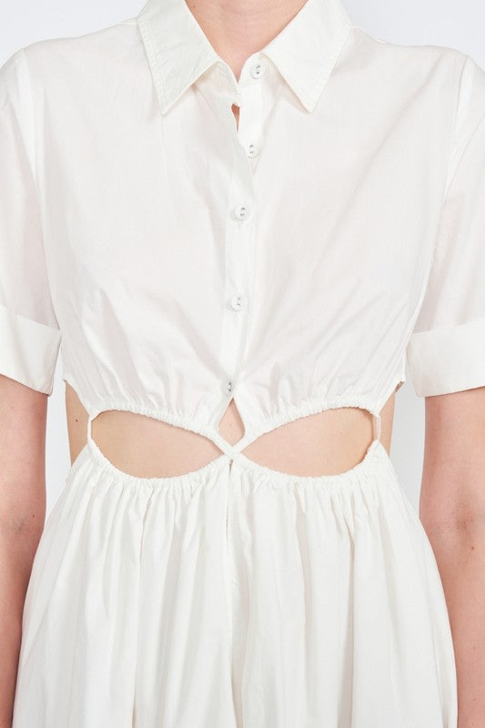 BUTTON UP COLLARED MIDI DRESS WITH CUT OUT - Always24