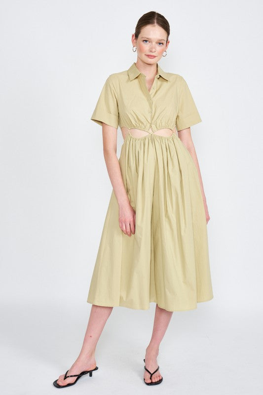 BUTTON UP COLLARED MIDI DRESS WITH CUT OUT - Always24
