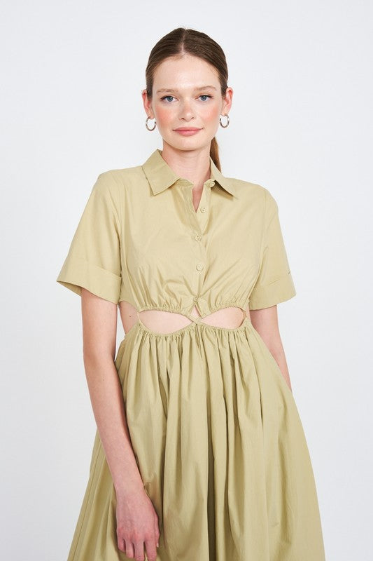 BUTTON UP COLLARED MIDI DRESS WITH CUT OUT - Always24