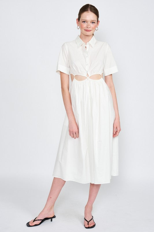 BUTTON UP COLLARED MIDI DRESS WITH CUT OUT - Always24