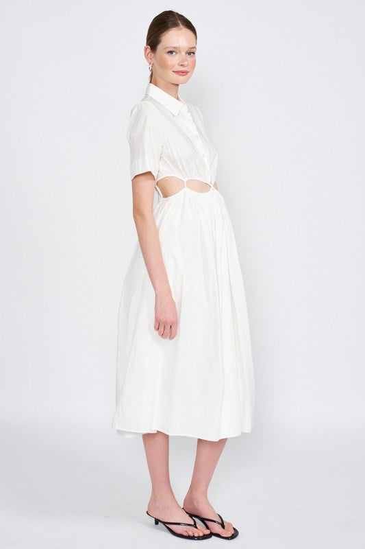 BUTTON UP COLLARED MIDI DRESS WITH CUT OUT - Always24