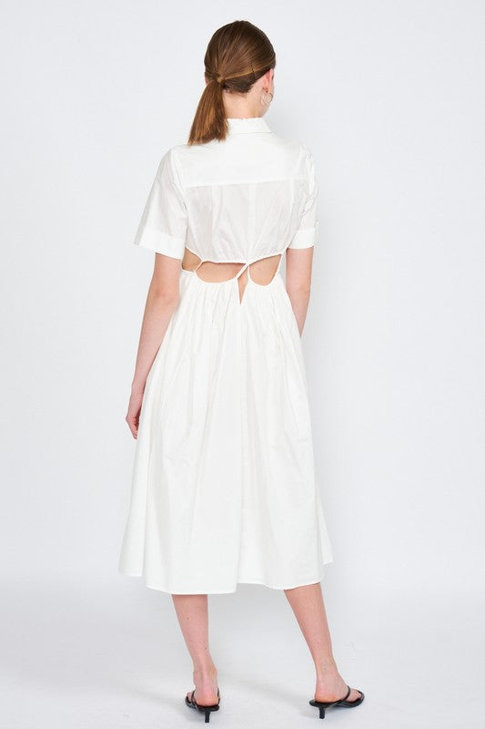 BUTTON UP COLLARED MIDI DRESS WITH CUT OUT - Always24