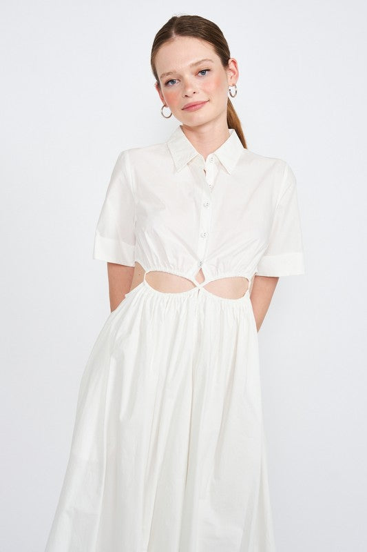 BUTTON UP COLLARED MIDI DRESS WITH CUT OUT - Always24
