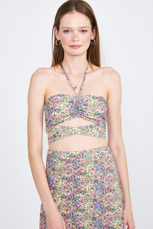 HALTER NECK FLORAL CROP TOP WITH BACK SMOCKING - Always24