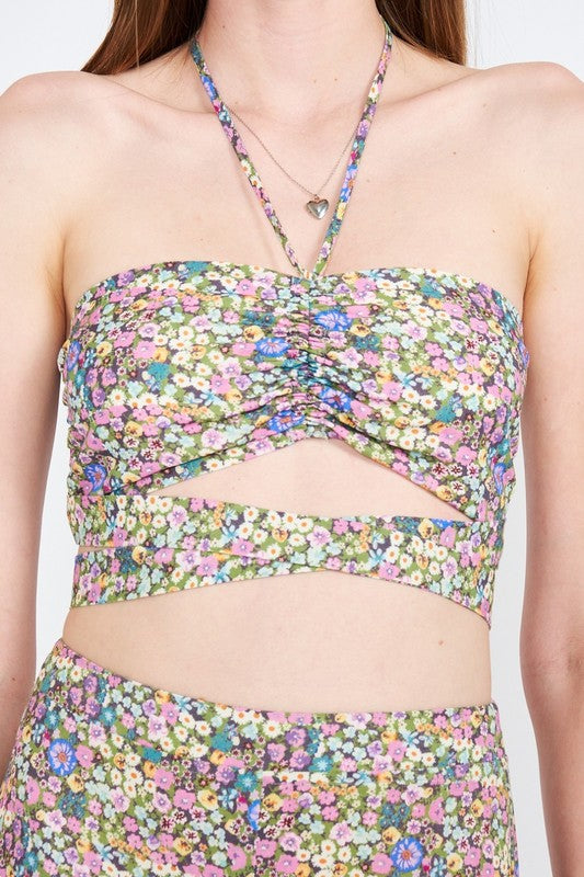 HALTER NECK FLORAL CROP TOP WITH BACK SMOCKING - Always24