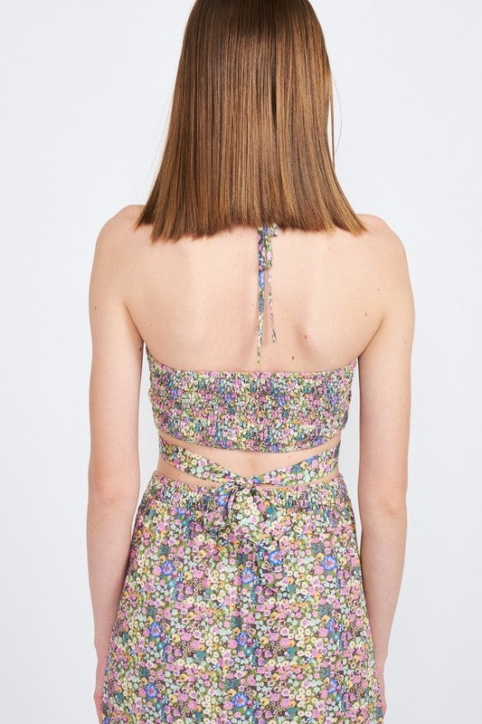 HALTER NECK FLORAL CROP TOP WITH BACK SMOCKING - Always24