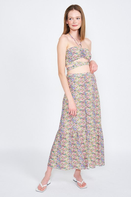 HALTER NECK FLORAL CROP TOP WITH BACK SMOCKING - Always24