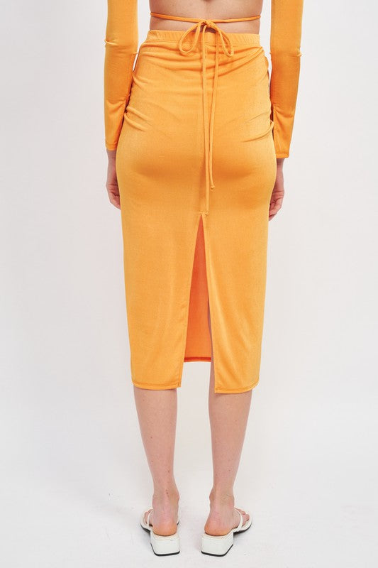 RUCHED MIDI SKIRT WITH WAIST TIE AND SLIT - Always24