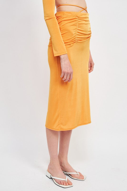 RUCHED MIDI SKIRT WITH WAIST TIE AND SLIT - Always24