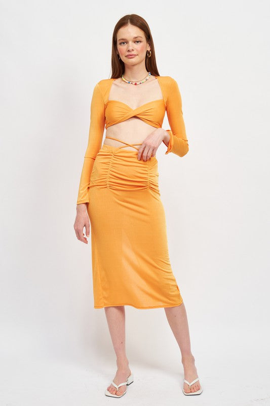 RUCHED MIDI SKIRT WITH WAIST TIE AND SLIT - Always24