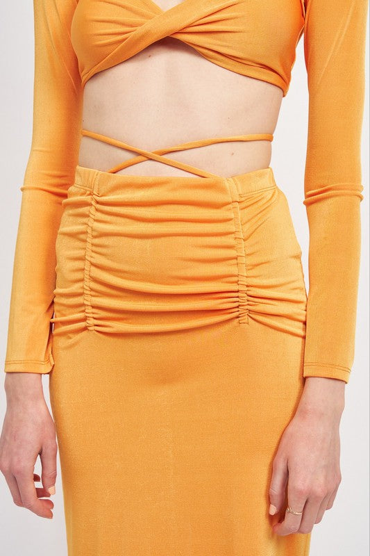 RUCHED MIDI SKIRT WITH WAIST TIE AND SLIT - Always24