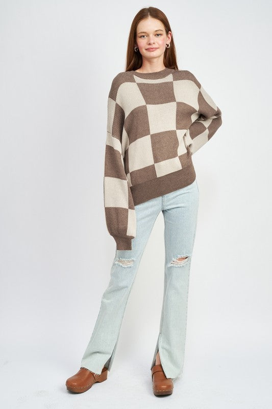 CHECKERED SWEATER WITH BUBBLE SLEEVES - Always24