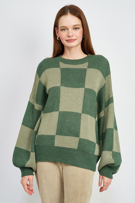 CHECKERED SWEATER WITH BUBBLE SLEEVES - Always24