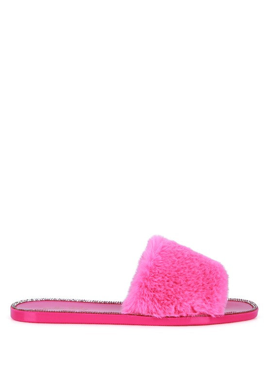 Always24 Faux Fur Diamante Detail Jelly Flats